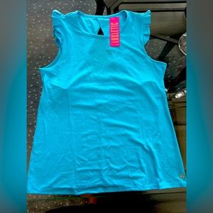 Lily Pulitzer Tank Top Blue, ruffle sleeves and open back detail. Size medium